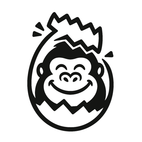 A smiling gorilla hatching from a cracked egg